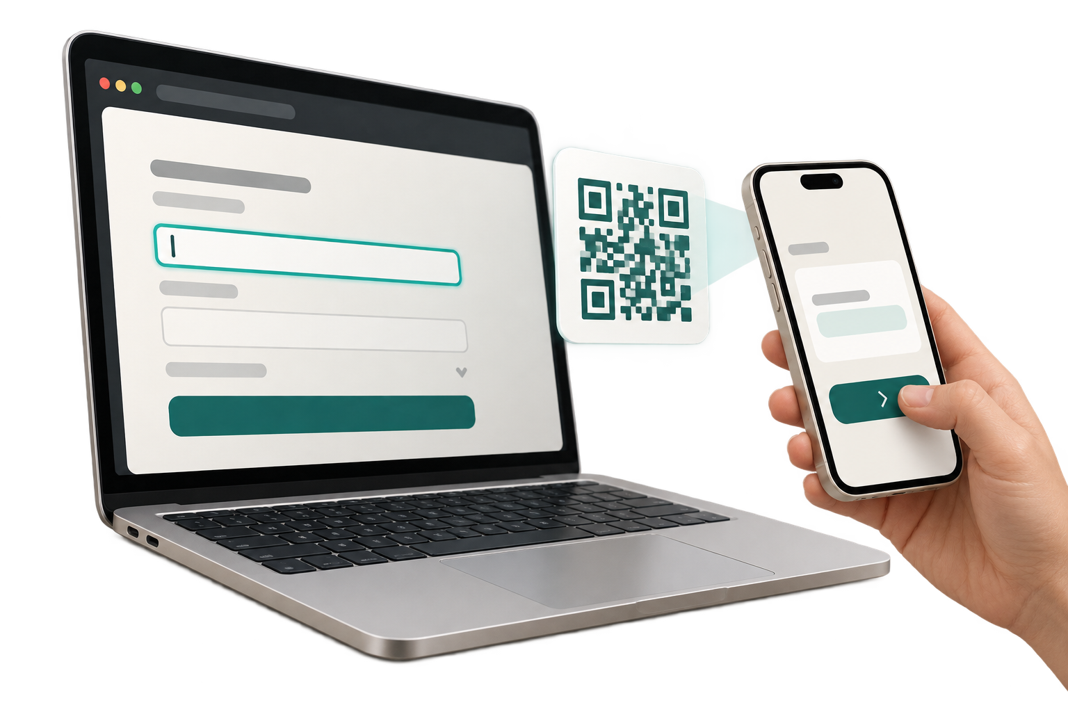 A complete laptop with a selected browser field beside a one-time QR code and phone.